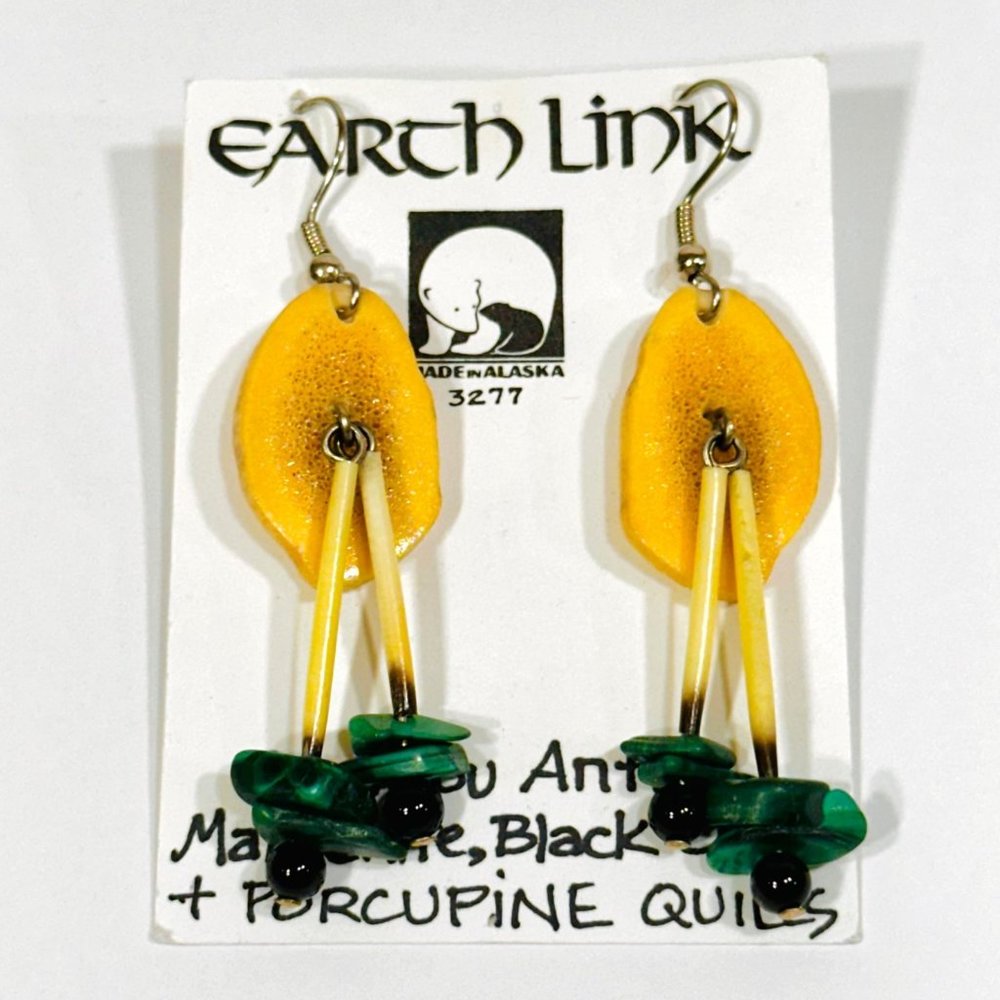 Porcupine Quills/Malachite/Caribou Antler/Onyx  Earr. - Earth Link - Alaska -NIB